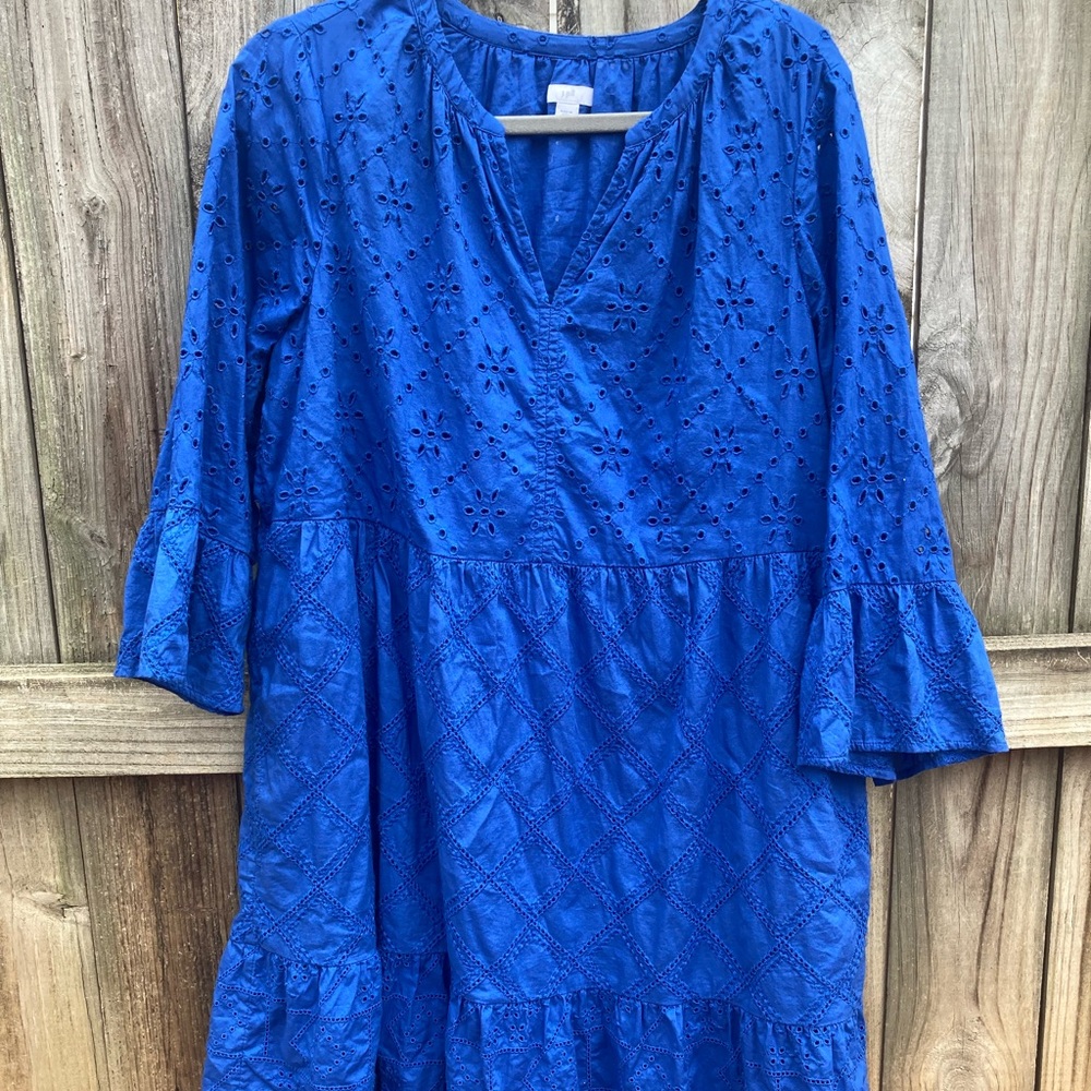 J. Jill Royal Blue Eyelet Long Sleeve Tiered Dress